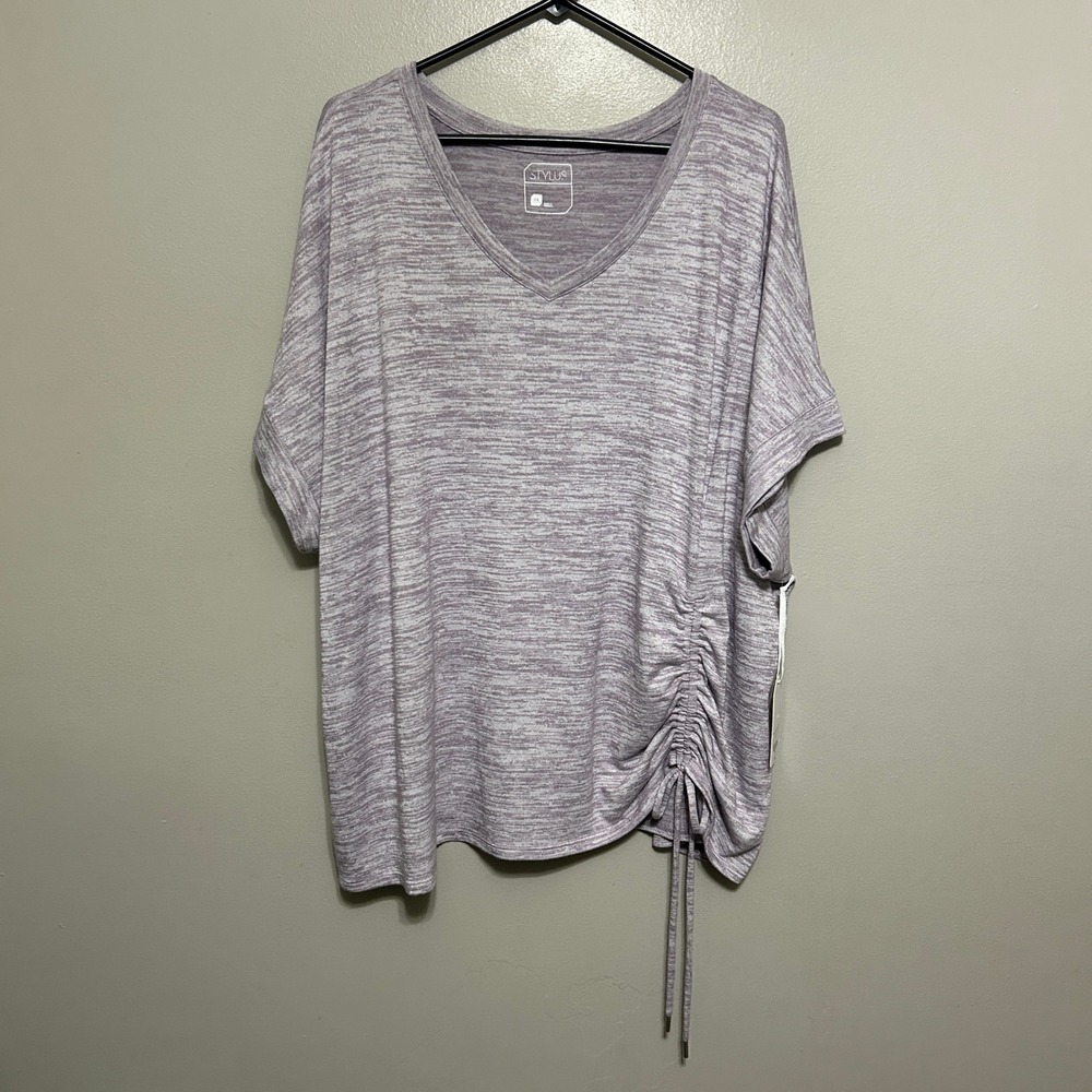 Stylus V-Neck Top Womens 3X Mauve Lavendar NEW Side Cinch Space Dye Short Sleeve